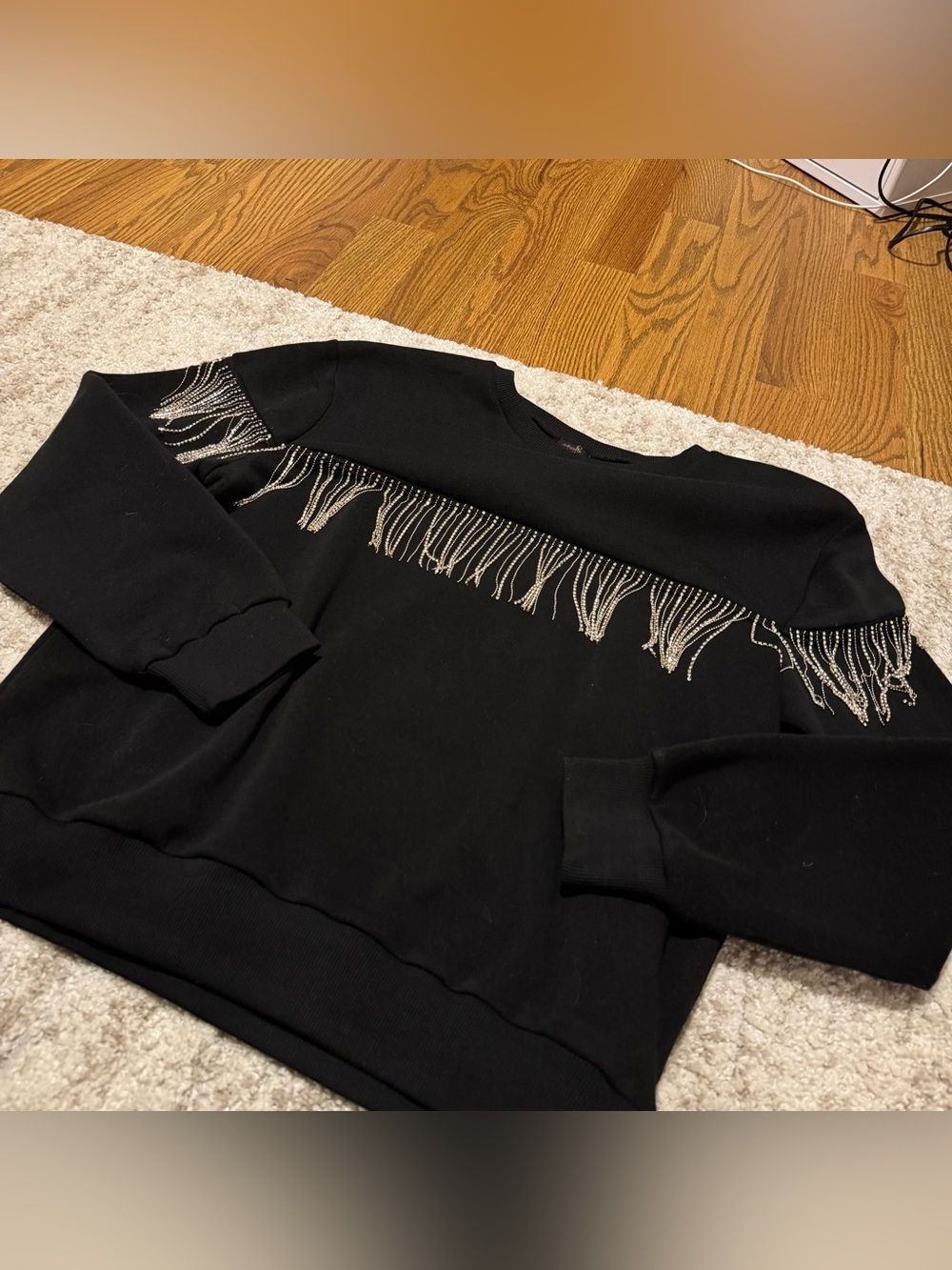 Black Sweatshirt with Rhinestone Fringe Detailing